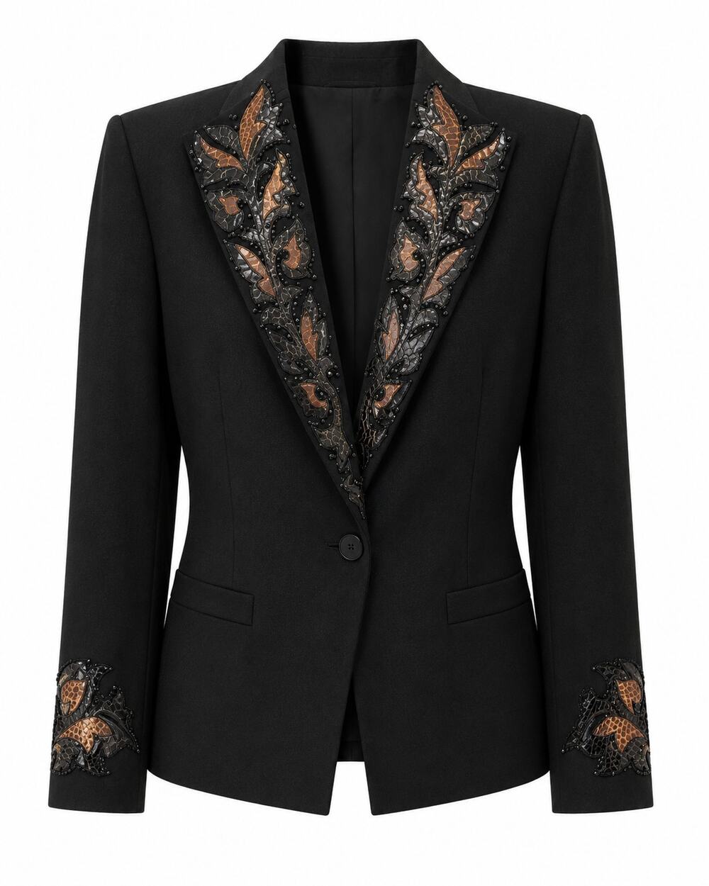 Vintage 1980s Nolan Miller SIZE 6 Wool Snakeskin Beaded Black Blazer Jacket